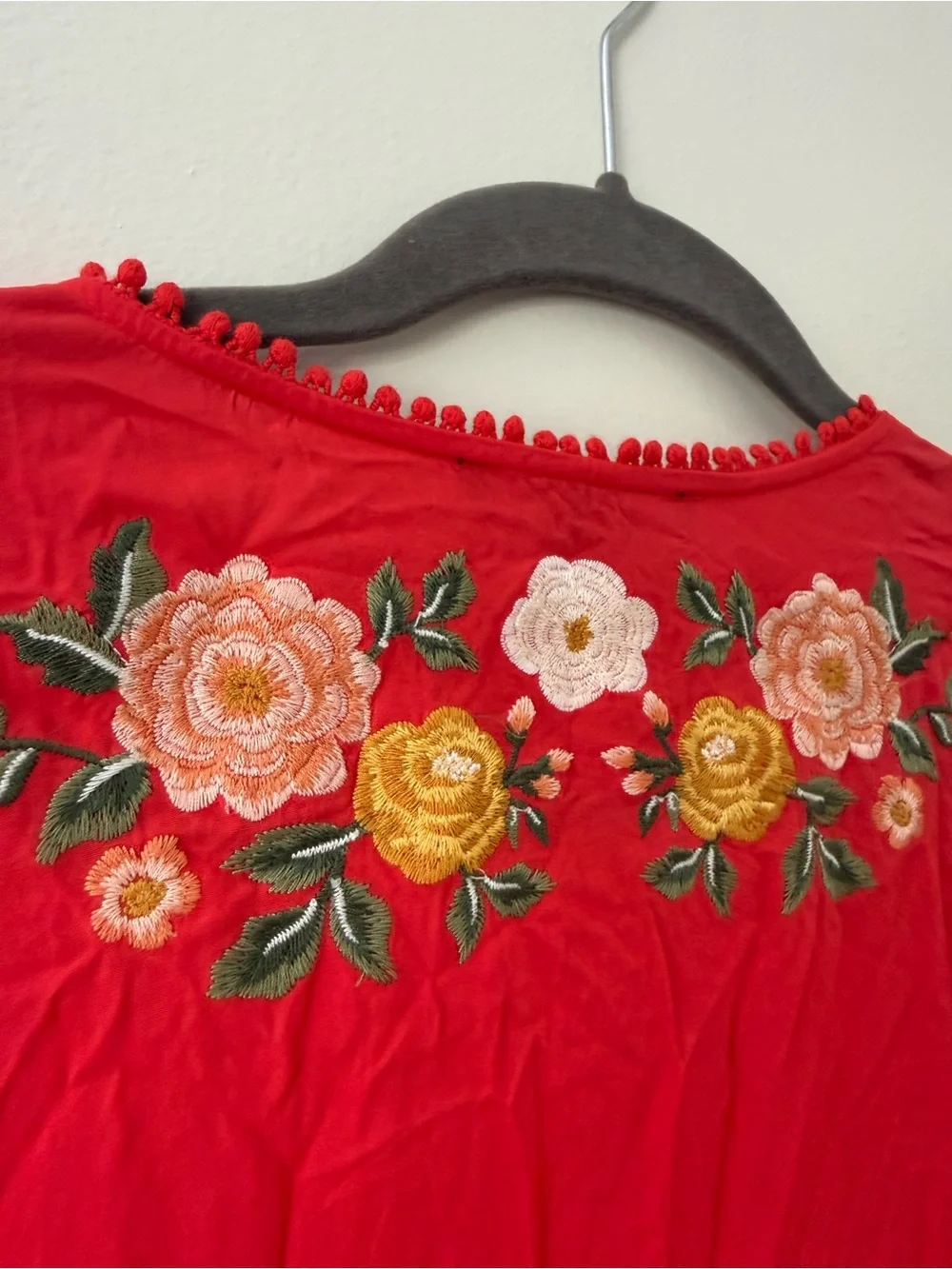 Floral Embroidered Red Maxi Duster Summer Kimono w/ Tie Front Size Lg Forever 21 - Picture 8 of 12